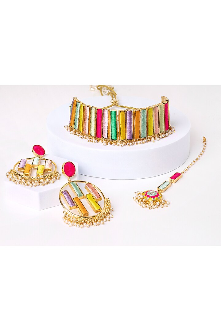 Matte Gold Finish Pearl Hanging Rectangular Choker Necklace Set by Bauble Bazaar at Pernia's Pop Up Shop