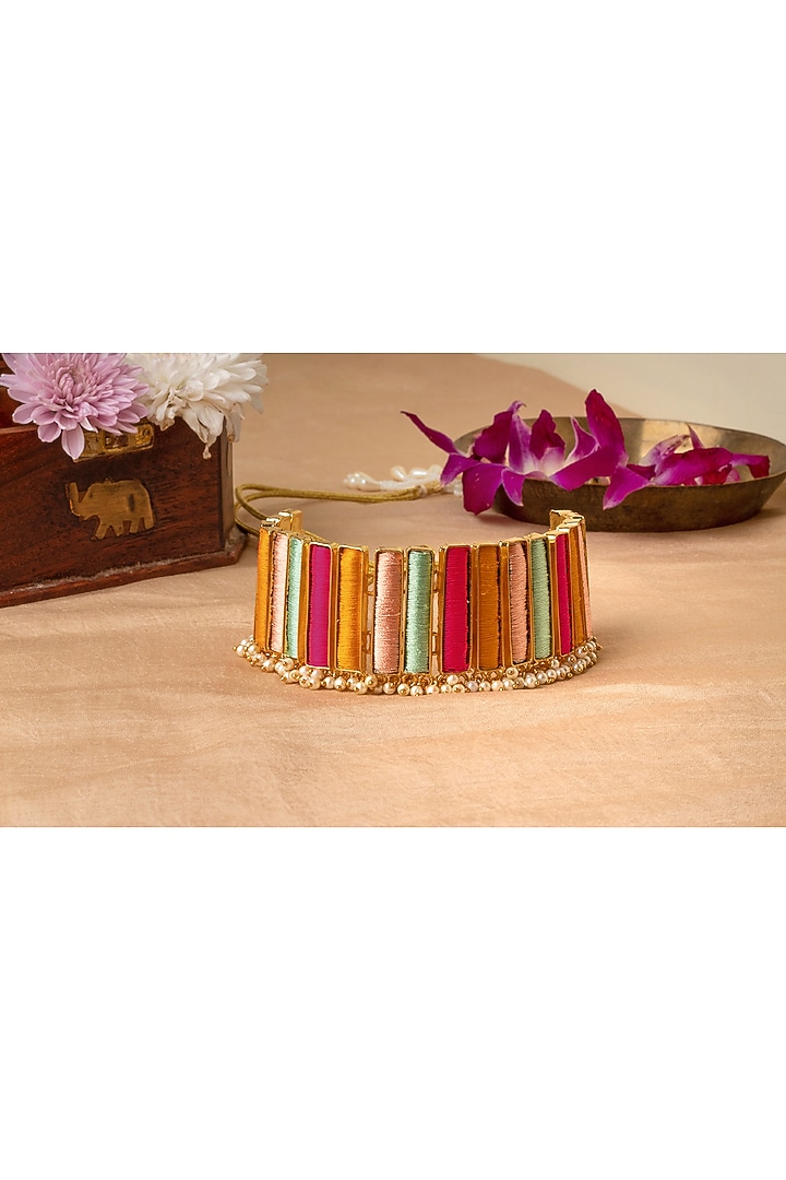 Matte Gold Finish Pearl Hanging Rectangular Choker Necklace Set by Bauble Bazaar at Pernia's Pop Up Shop