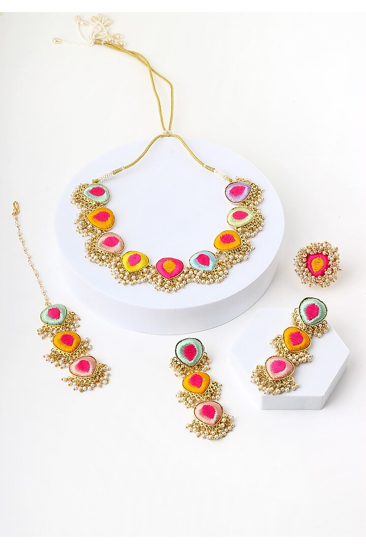 Matte Gold Finish Multi-Colored Embroidered Layered Necklace Set by Bauble Bazaar at Pernia's Pop Up Shop