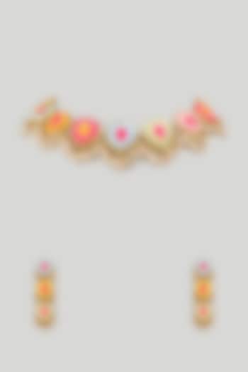 Gold Finish Pearl & Hand Embroidered Choker Necklace Set by Bauble Bazaar at Pernia's Pop Up Shop