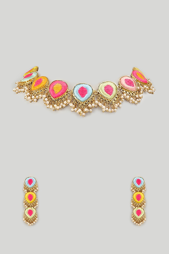 Gold Finish Pearl & Hand Embroidered Choker Necklace Set by Bauble Bazaar at Pernia's Pop Up Shop
