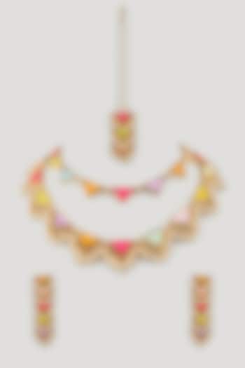 Matte Gold Finish Embroidered Layered Necklace Set by Bauble Bazaar at Pernia's Pop Up Shop