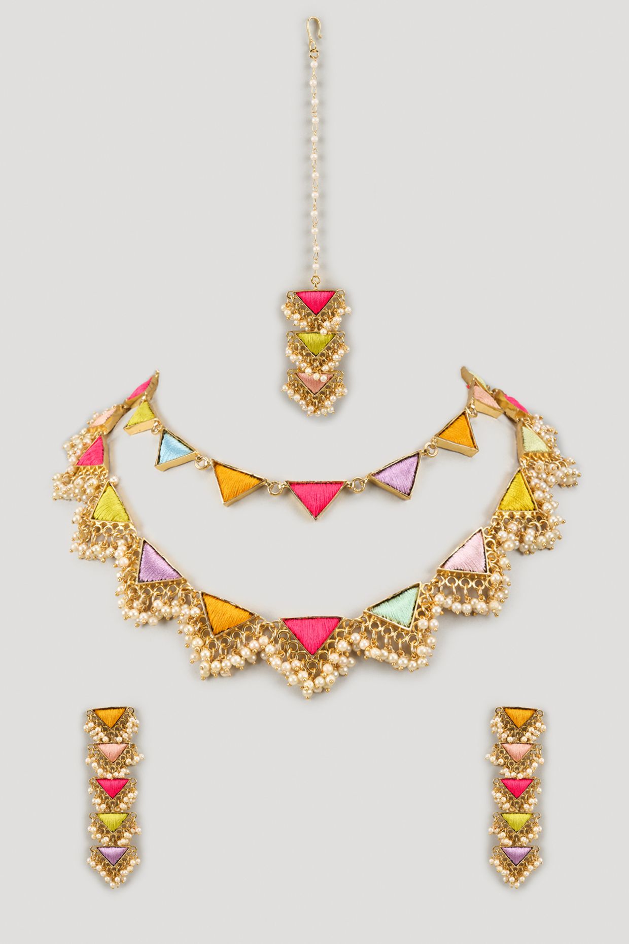 Matte Gold Finish Embroidered Layered Necklace Set by Bauble Bazaar at Pernia's Pop Up Shop