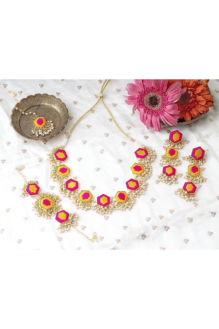 Matte Gold Finish Pink & Yellow Zari Silk Embroidered Layered Necklace Set by Bauble Bazaar at Pernia's Pop Up Shop