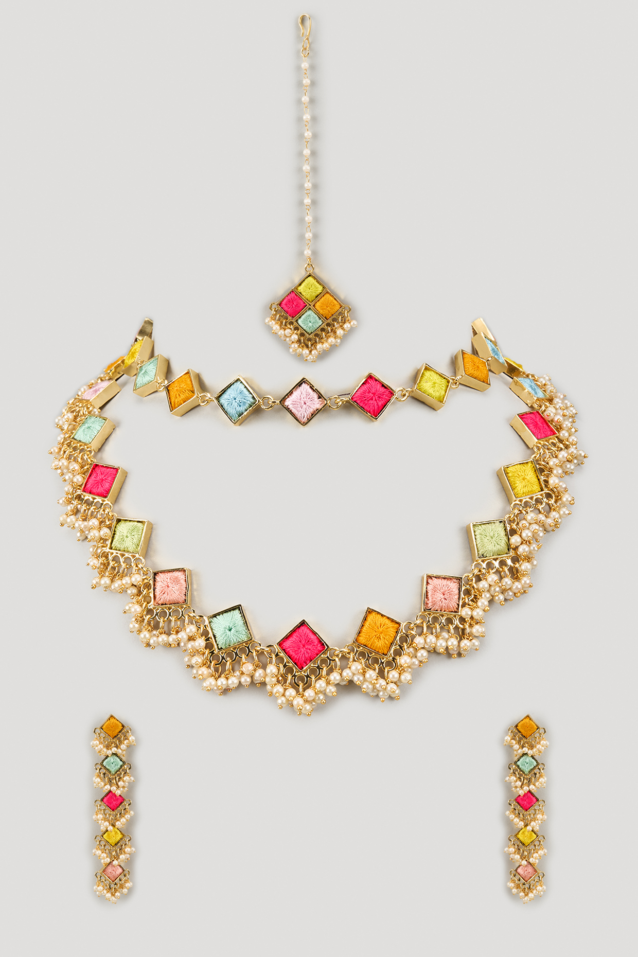 Matte Gold Finish Embroidered Layered Necklace Set by Bauble Bazaar at Pernia's Pop Up Shop