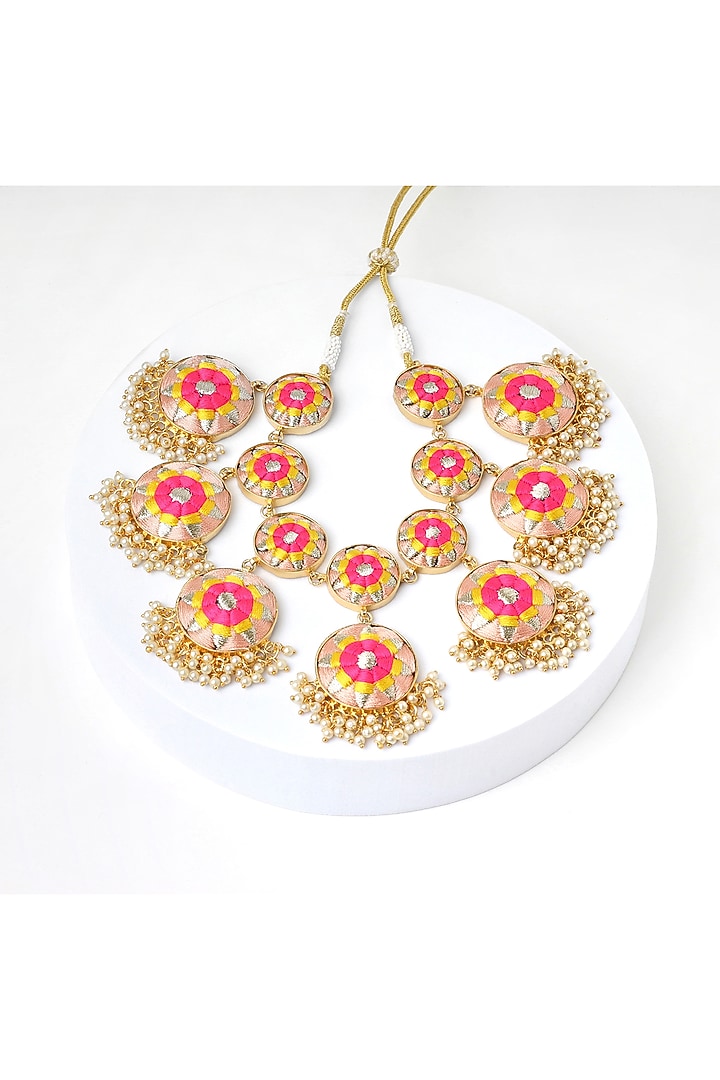 Matte Gold Finish Zari Silk Embroidered & Pearl hanging Layered Necklace by Bauble Bazaar at Pernia's Pop Up Shop