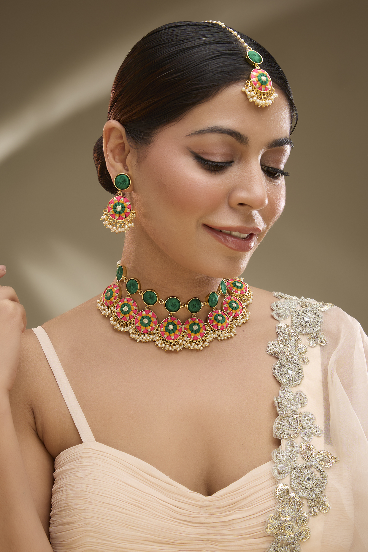 Gold Plated Pearl & Multi-Colored Silk Thread Embellished Necklace Set by Bauble Bazaar at Pernia's Pop Up Shop