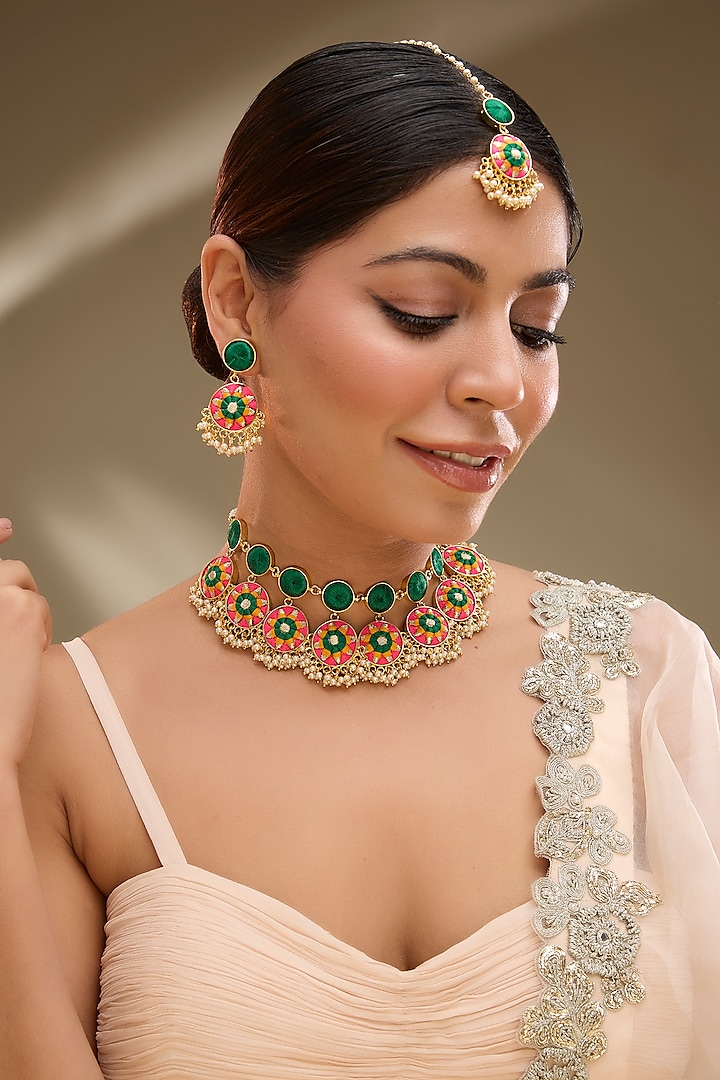 Gold Plated Pearl & Multi-Colored Silk Thread Embellished Necklace Set by Bauble Bazaar at Pernia's Pop Up Shop