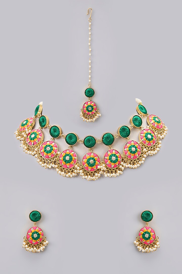 Gold Plated Pearl & Multi-Colored Silk Thread Embellished Necklace Set by Bauble Bazaar at Pernia's Pop Up Shop