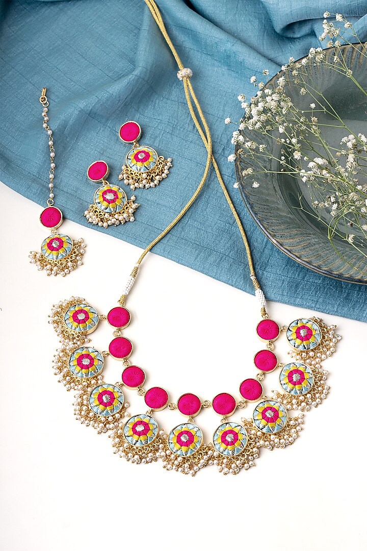 Matte Gold Finish Zari Silk Embroidered & Pearl hanging Layered Necklace Set by Bauble Bazaar at Pernia's Pop Up Shop