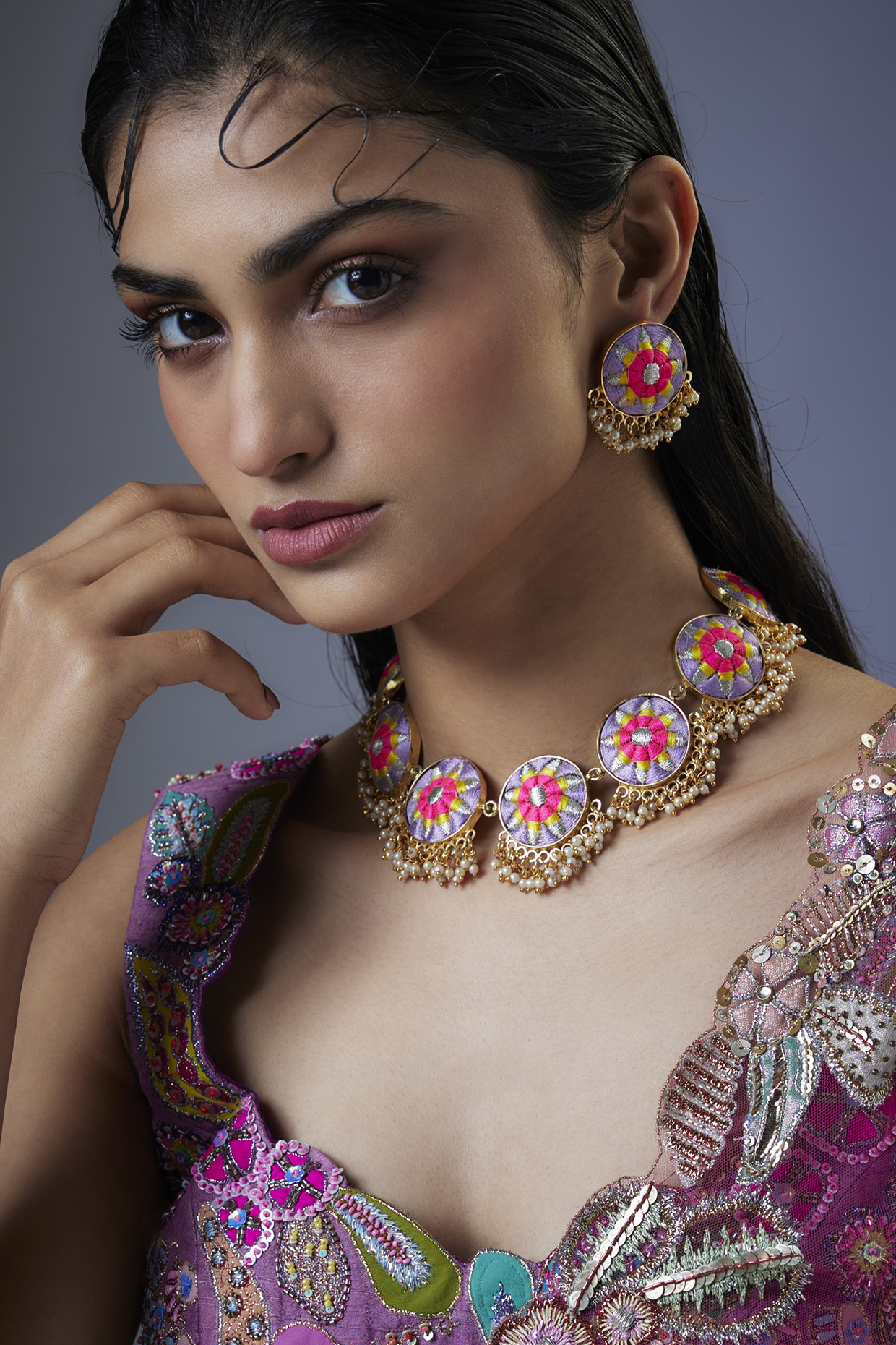 Gold Plated Multi-Colored Enameled Necklace Set by Bauble Bazaar at Pernia's Pop Up Shop