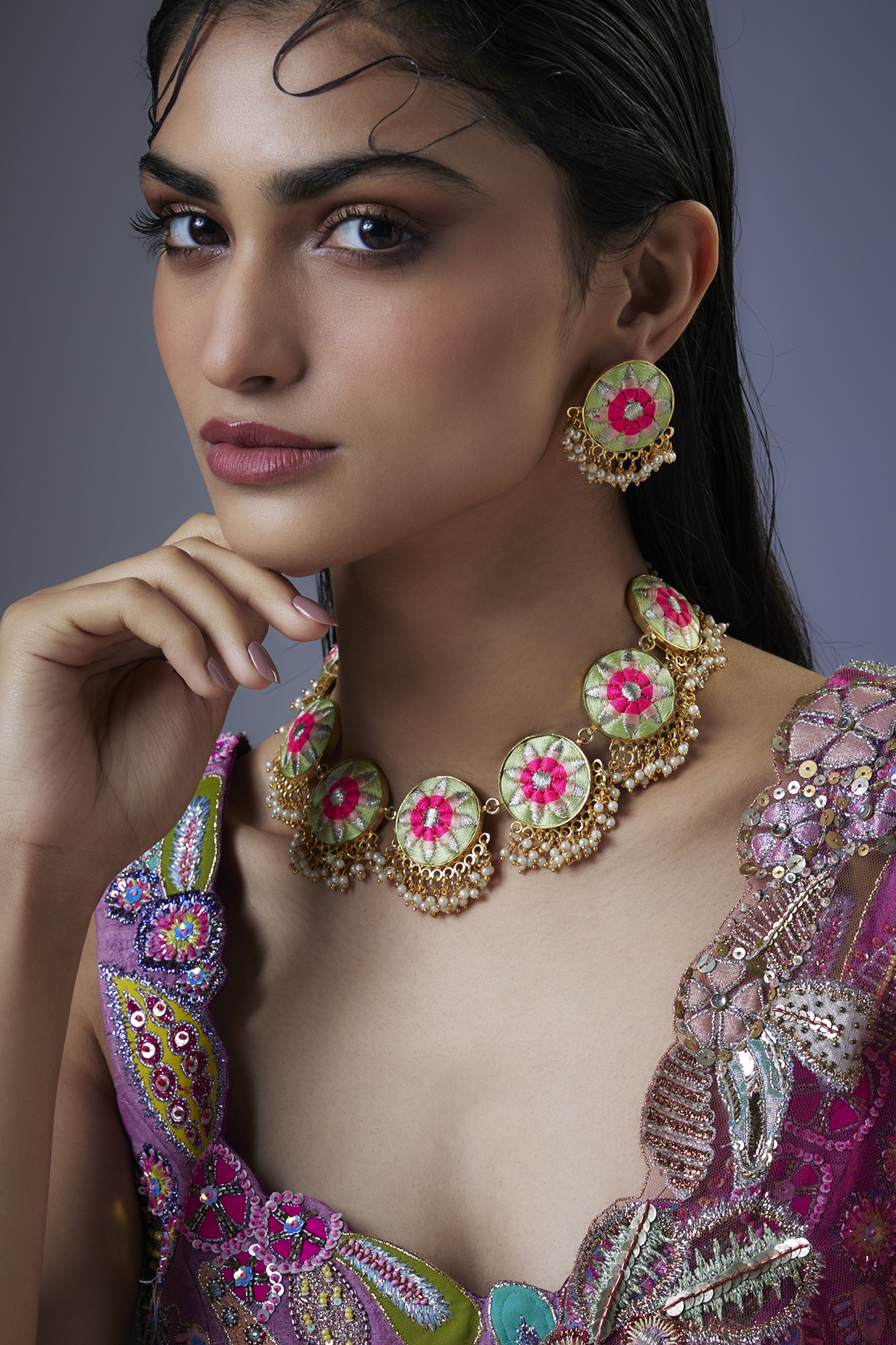 Gold Plated Multi-Colored Enameled Necklace Set by Bauble Bazaar at Pernia's Pop Up Shop