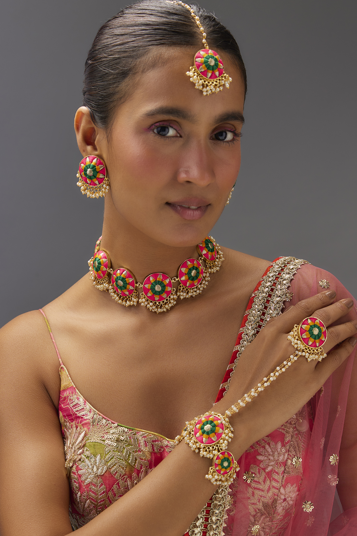 Matte Gold Finish Zari Silk Embroidered Layered Necklace Set by Bauble Bazaar at Pernia's Pop Up Shop