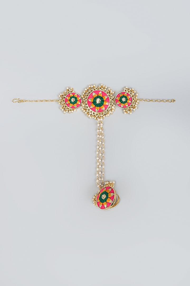 Matte Gold Finish Zari Silk Embroidered Layered Necklace Set by Bauble Bazaar at Pernia's Pop Up Shop