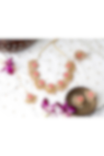 Matte Gold Finish Zari Silk Embroidered & Pearl hanging Layered Circular Necklace Set by Bauble Bazaar at Pernia's Pop Up Shop