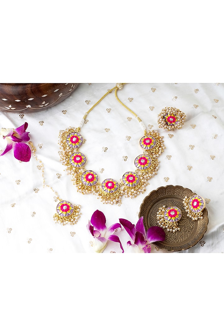 Matte Gold Finish Zari Silk Embroidered & Pearl hanging Layered Circular Necklace Set by Bauble Bazaar at Pernia's Pop Up Shop