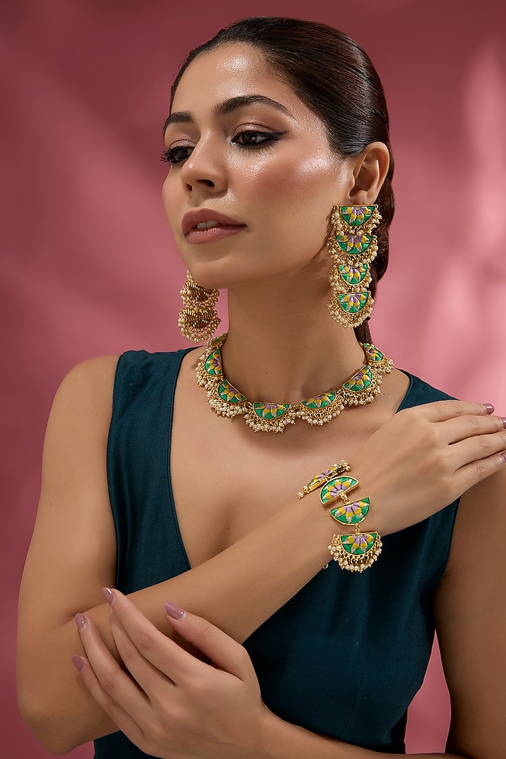 Gold Finish Multi-Colored Stone Semi-Circular  Necklace by Bauble Bazaar at Pernia's Pop Up Shop