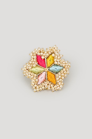 Matte Gold Finish Multi-Colored Embroidered & Pearl Ring by Bauble Bazaar