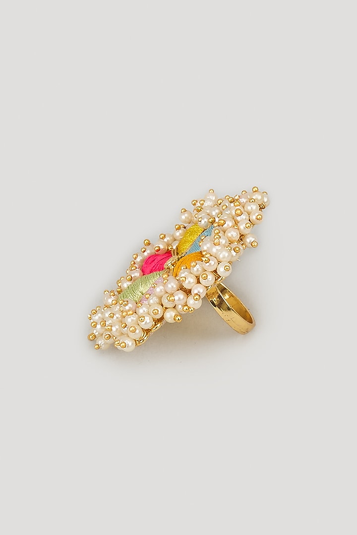 Matte Gold Finish Multi-Colored Embroidered & Pearl Ring by Bauble Bazaar at Pernia's Pop Up Shop
