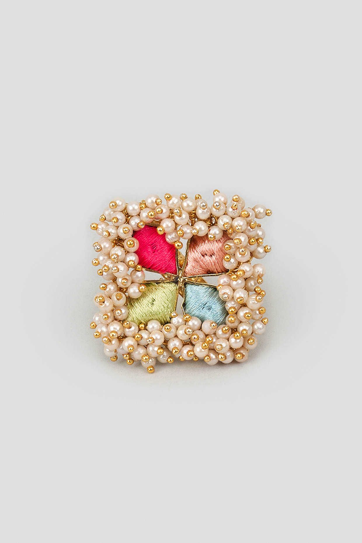 Matte Gold Finish Multi-Colored Embroidered & Pearl Ring by Bauble Bazaar at Pernia's Pop Up Shop