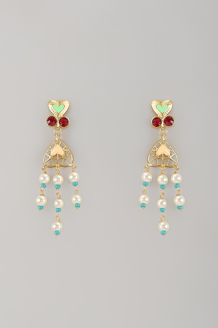 Gold Finish Pearl Multi-Colored Enameled Dangler Earrings by Bauble Bazaar at Pernia's Pop Up Shop