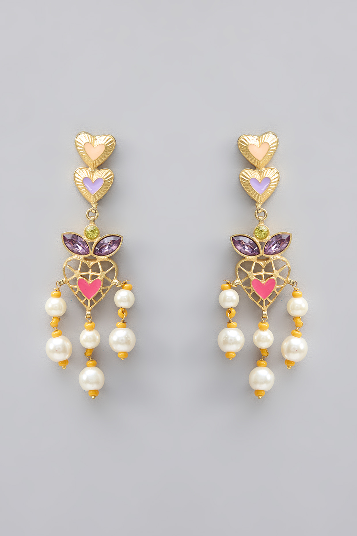 Gold Plated Pearl Multi-Colored Enameled Chandelier Earrings by Bauble Bazaar at Pernia's Pop Up Shop
