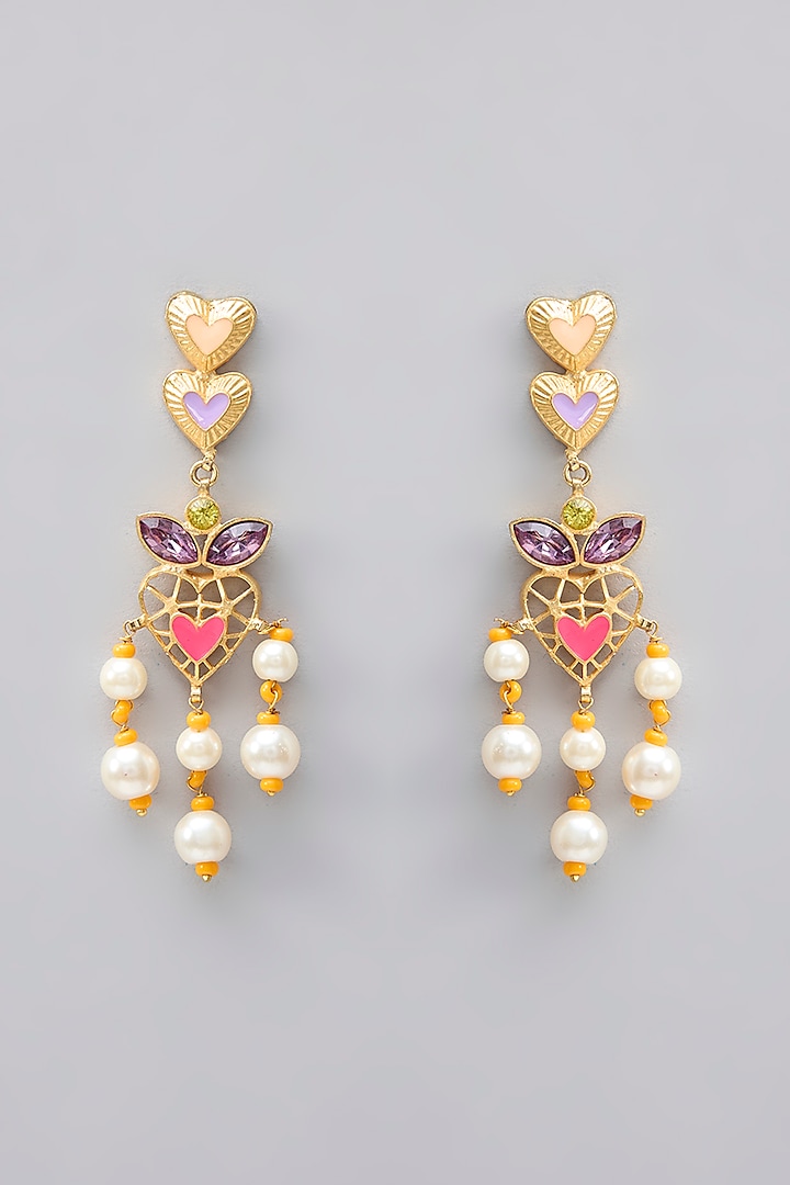 Gold Plated Pearl Multi-Colored Enameled Chandelier Earrings by Bauble Bazaar at Pernia's Pop Up Shop
