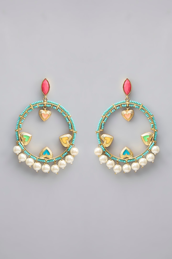 Gold Plated Pearl Multi-Colored Enameled Dangler Earrings by Bauble Bazaar at Pernia's Pop Up Shop