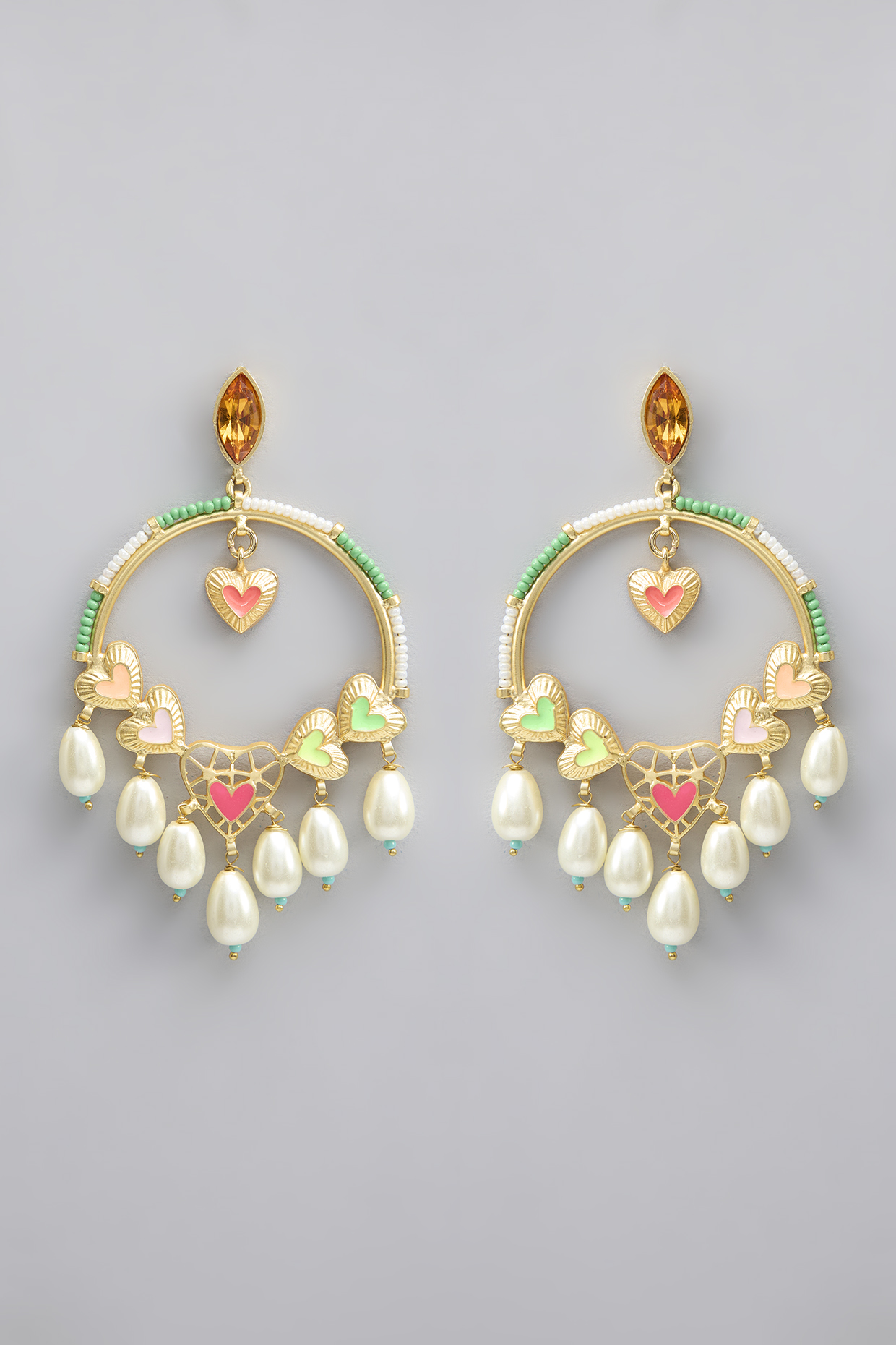 Gold Plated Pearl Multi-Colored Enameled Dangler Earrings by Bauble Bazaar at Pernia's Pop Up Shop