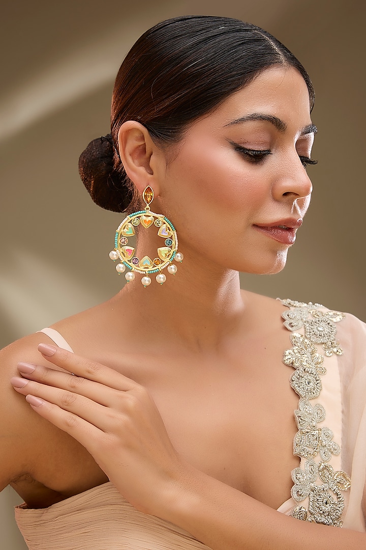 Gold Finish Pearl Enameled Dangler Earrings by Bauble Bazaar at Pernia's Pop Up Shop