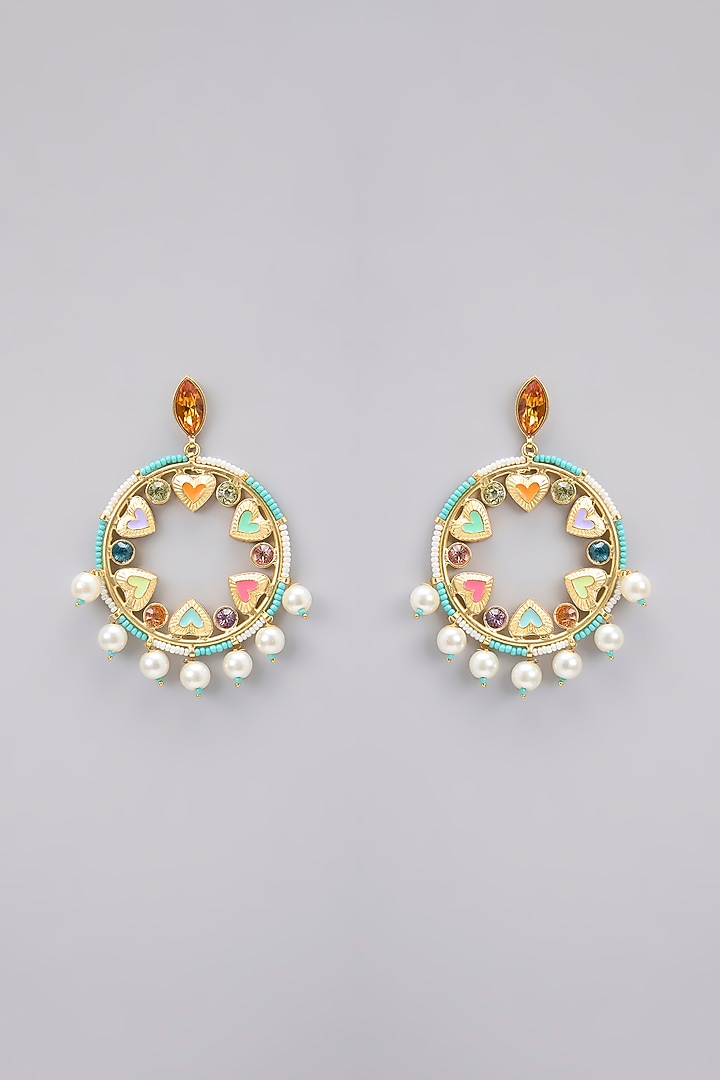 Gold Finish Pearl Enameled Dangler Earrings by Bauble Bazaar at Pernia's Pop Up Shop
