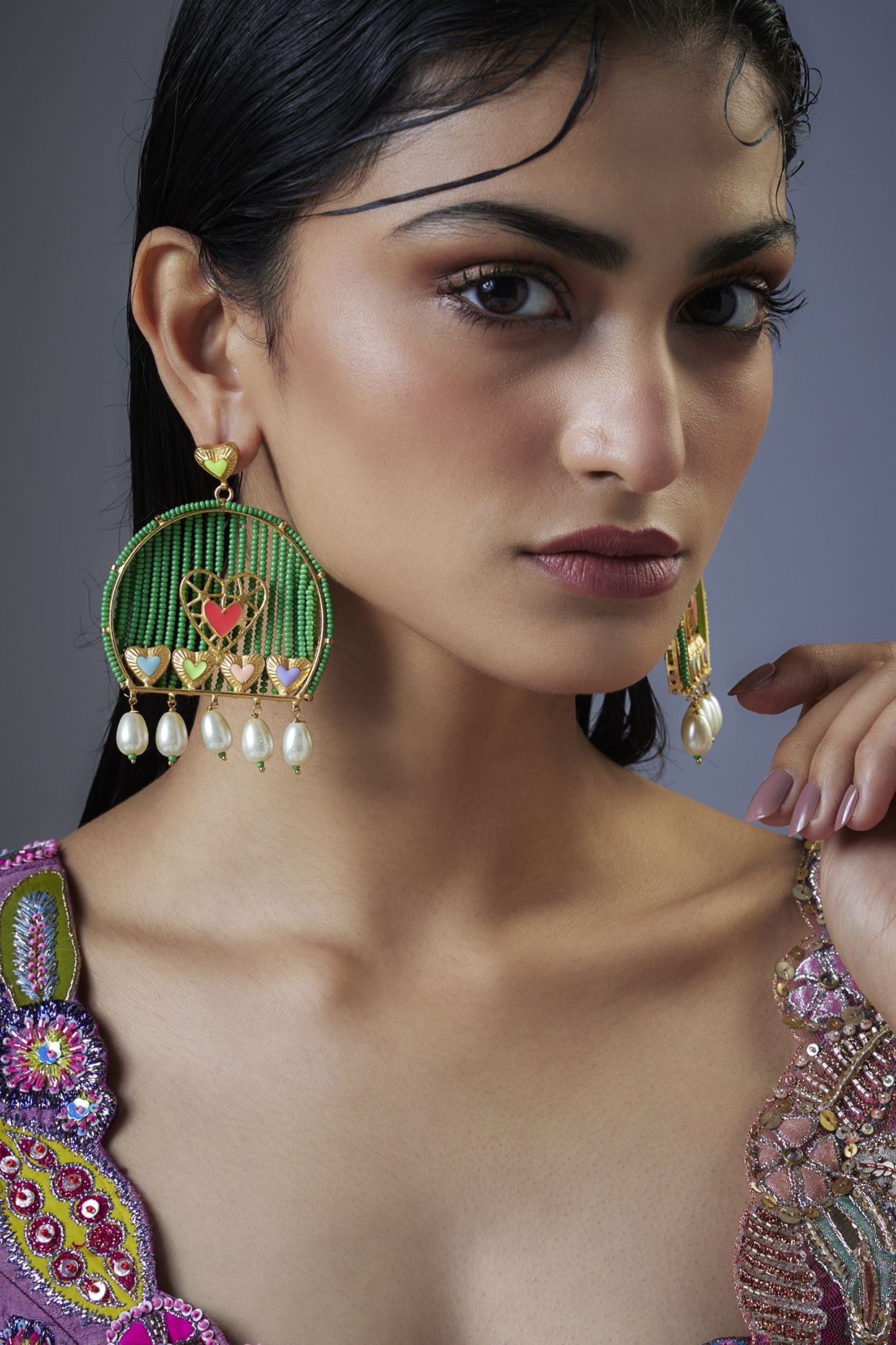 Gold Finish Swarovski Multi-Colored Enameled Jhumka Earrings by Bauble Bazaar at Pernia's Pop Up Shop