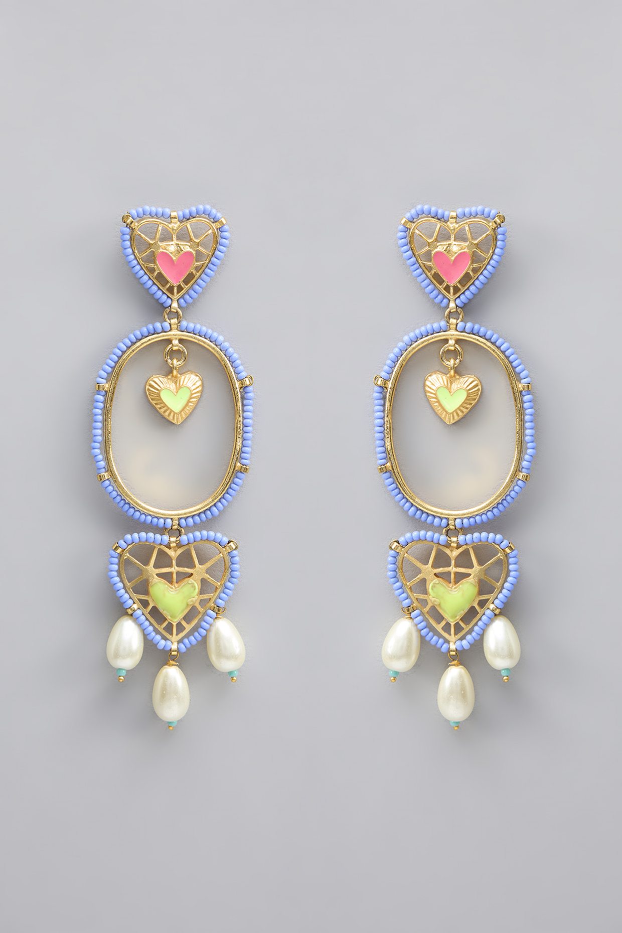 Gold Plated Pearl Multi-Colored Enameled Dangler Earrings by Bauble Bazaar at Pernia's Pop Up Shop
