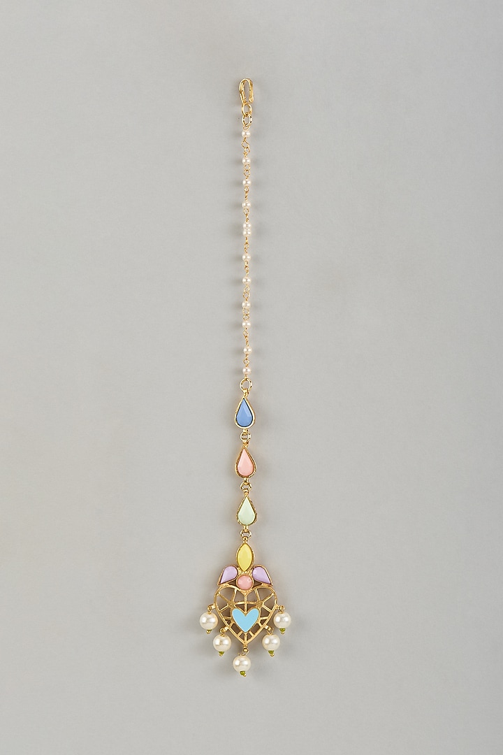 Gold Finish Beaded Enameled Maangtikka by Bauble Bazaar at Pernia's Pop Up Shop