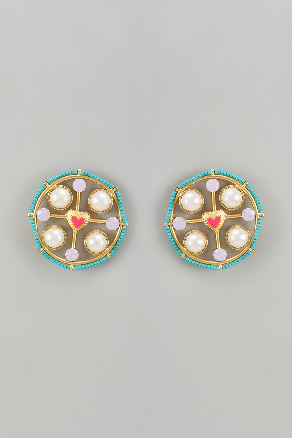 Gold Finish Pearl Multi-Colored Enameled Stud Earrings by Bauble Bazaar at Pernia's Pop Up Shop