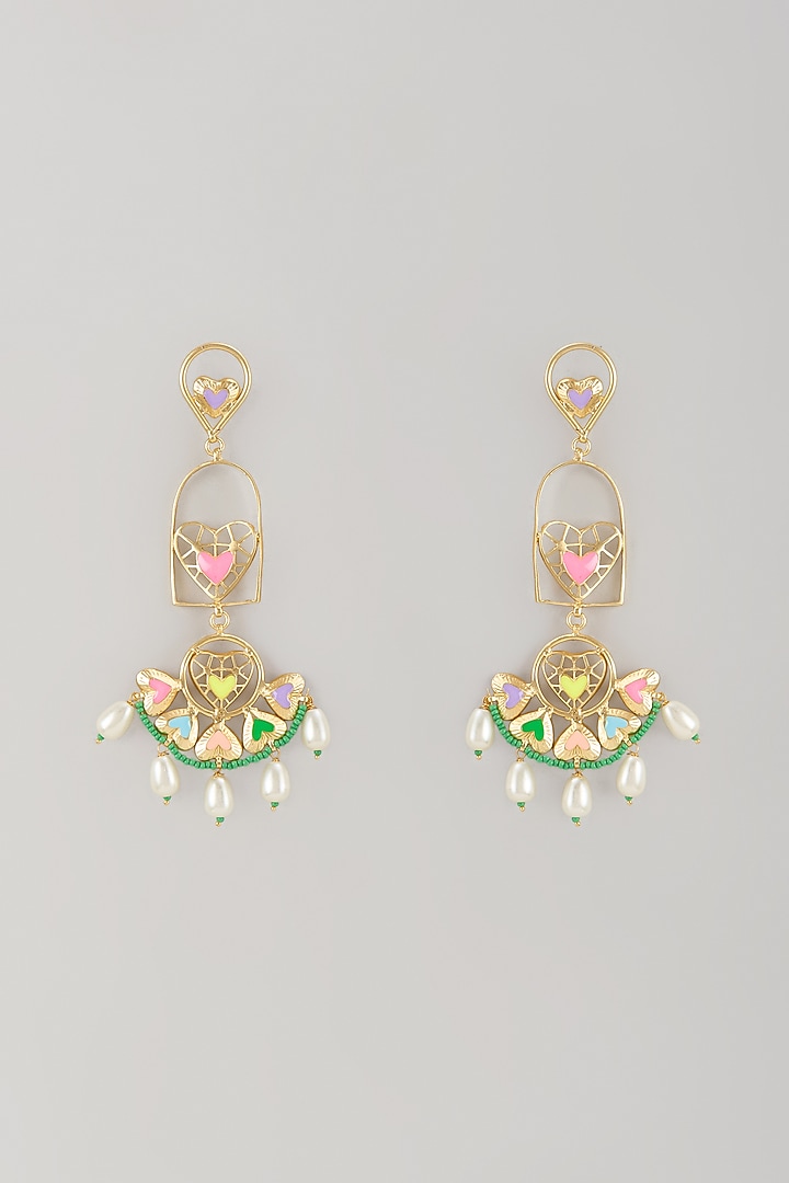 Gold Finish Pearl Multi-Colored Enameled Dangler Earrings by Bauble Bazaar at Pernia's Pop Up Shop