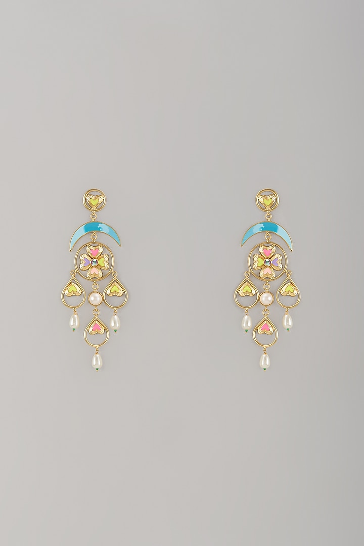 Gold Finish Pearl Multi-Colored Enameled Chandelier Earrings by Bauble Bazaar at Pernia's Pop Up Shop