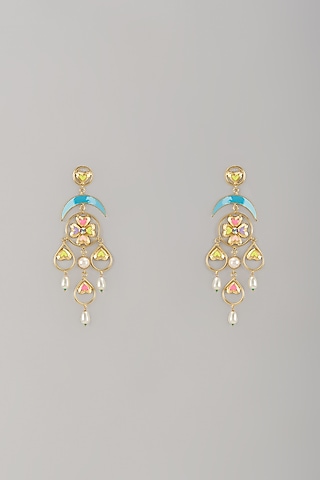 Gold Finish Pearl Multi-Colored Enameled Chandelier Earrings by Bauble Bazaar