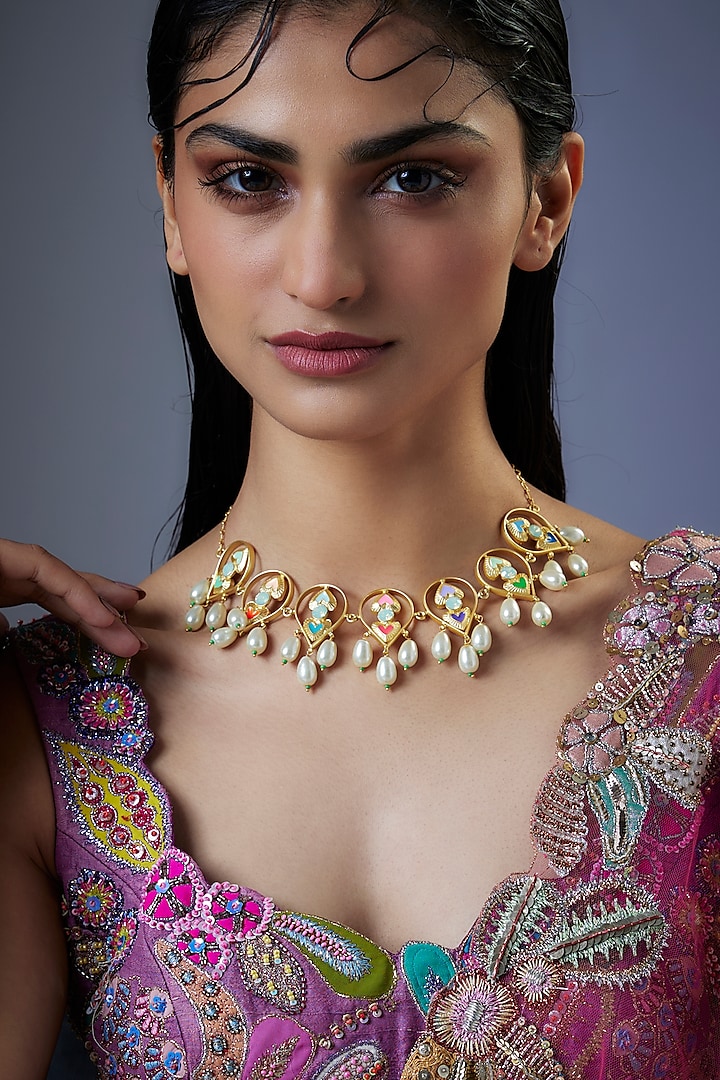 Gold Plated Multi-Colored Stone Enameled Necklace by Bauble Bazaar at Pernia's Pop Up Shop