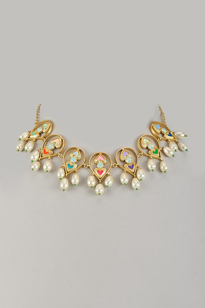 Gold Plated Multi-Colored Stone Enameled Necklace by Bauble Bazaar at Pernia's Pop Up Shop