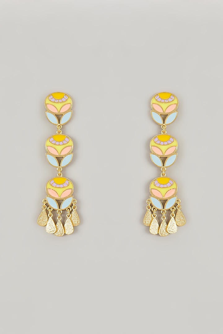 Gold Plated Amber & Ruby Enameled Dangler Earrings by Bauble Bazaar at Pernia's Pop Up Shop