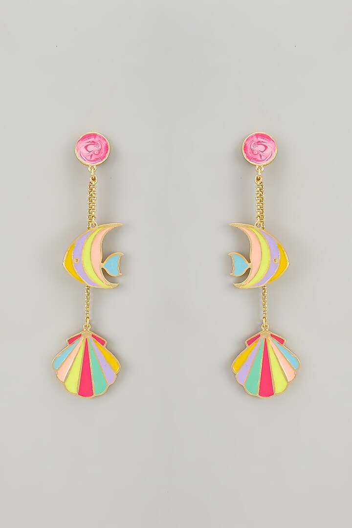 Gold Finish Pearl Embellished Enameled Dangler Earrings by Bauble Bazaar at Pernia's Pop Up Shop
