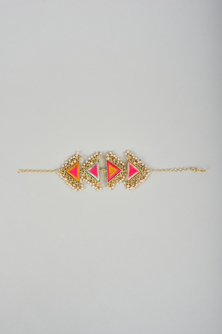 Matte Gold Finish Silk Thread Embroidered & Pearl Bracelet by Bauble Bazaar at Pernia's Pop Up Shop