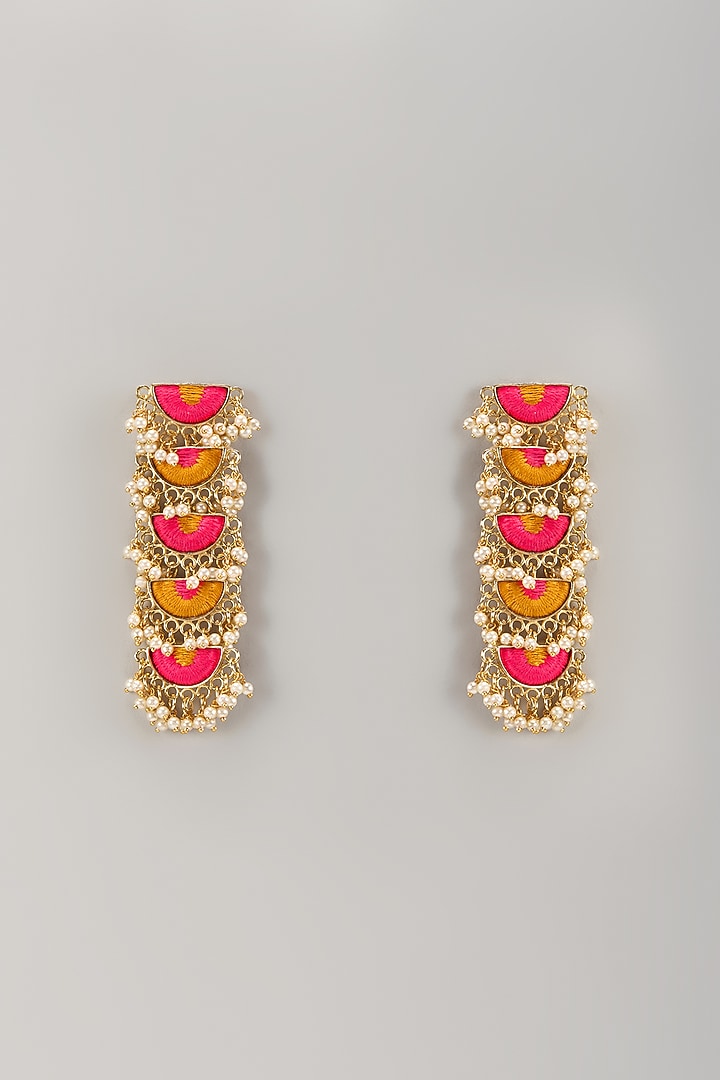 Matte Gold Finish Pink & Yellow Thread Embroidered Dangler Earrings by Bauble Bazaar at Pernia's Pop Up Shop