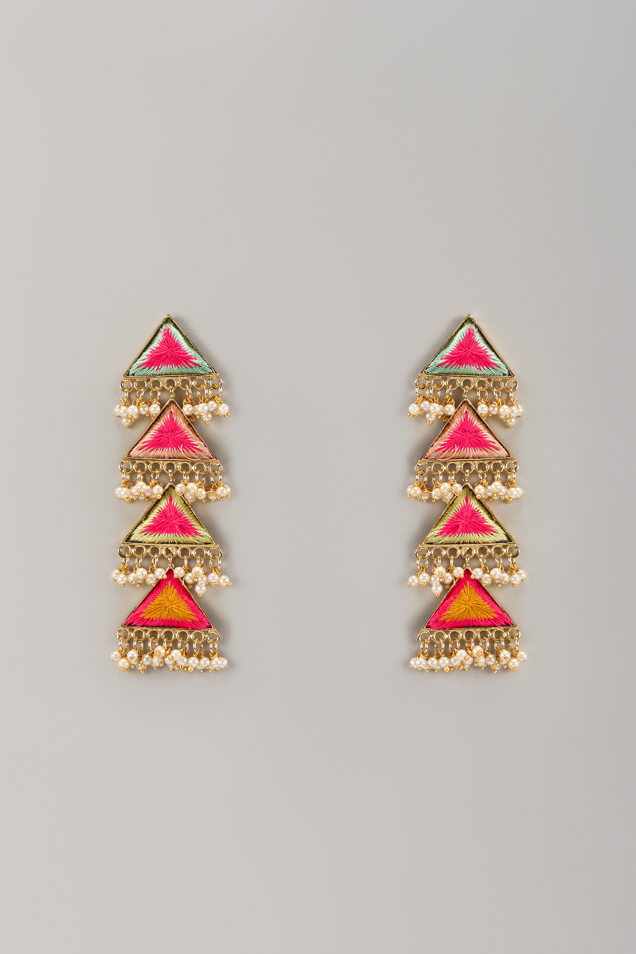 Matte Gold Finish Thread Embroidered Triangular Dangler Earrings by Bauble Bazaar at Pernia's Pop Up Shop