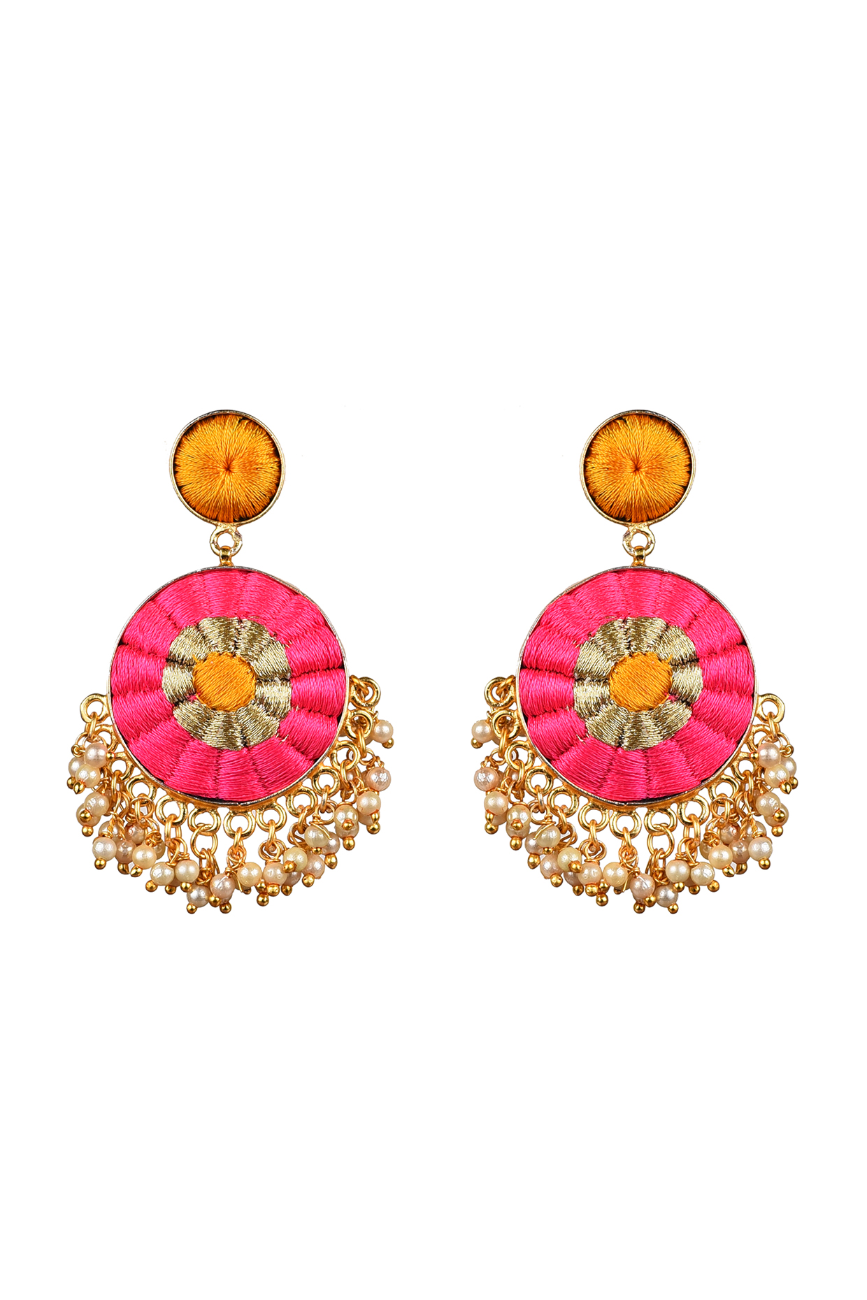 Gold Finish Pearl Hand Embroidered Drop Earrings  by Bauble Bazaar at Pernia's Pop Up Shop
