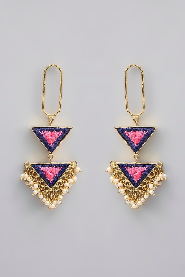 Gold Finish Silk Thread Embroidered & Pearl Dangler Earrings by Bauble Bazaar at Pernia's Pop Up Shop