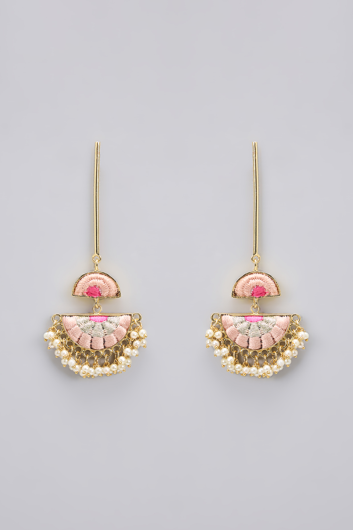 Gold Plated Peach & Hot Pink Silk Thread Embroidered Dangler Earrings by Bauble Bazaar at Pernia's Pop Up Shop