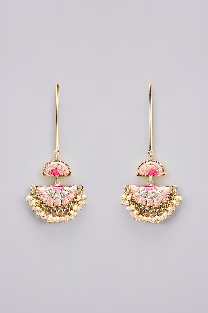 Gold Plated Peach & Hot Pink Silk Thread Embroidered Dangler Earrings by Bauble Bazaar at Pernia's Pop Up Shop