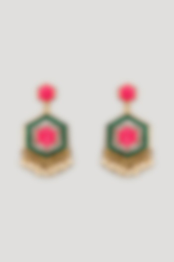 Matte Gold Finish Dark Green & Pink Zari Embroidered Hexagonal Dangler Earrings by Bauble Bazaar at Pernia's Pop Up Shop